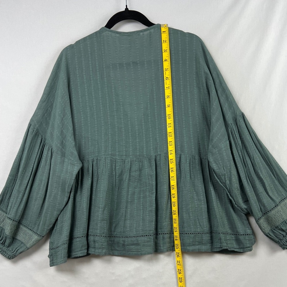 Lucky Brand Peasant Blouse Womens XL Green Embroidered V-Neck Babydoll Boho - Picture 6 of 10